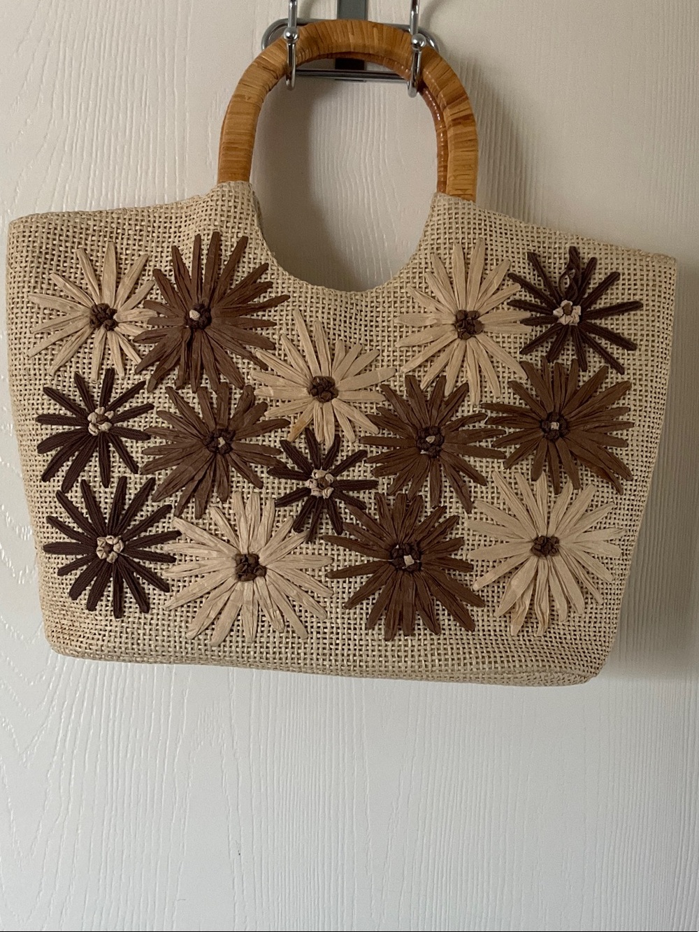 Kate Landry Beige Straw Tote with Brown Floral Accents and Bamboo Handles